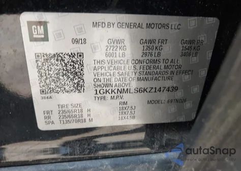 2019 GMC Acadia Slt-1 from USA, damaged, VIN 1GKKNMLS6KZ147439